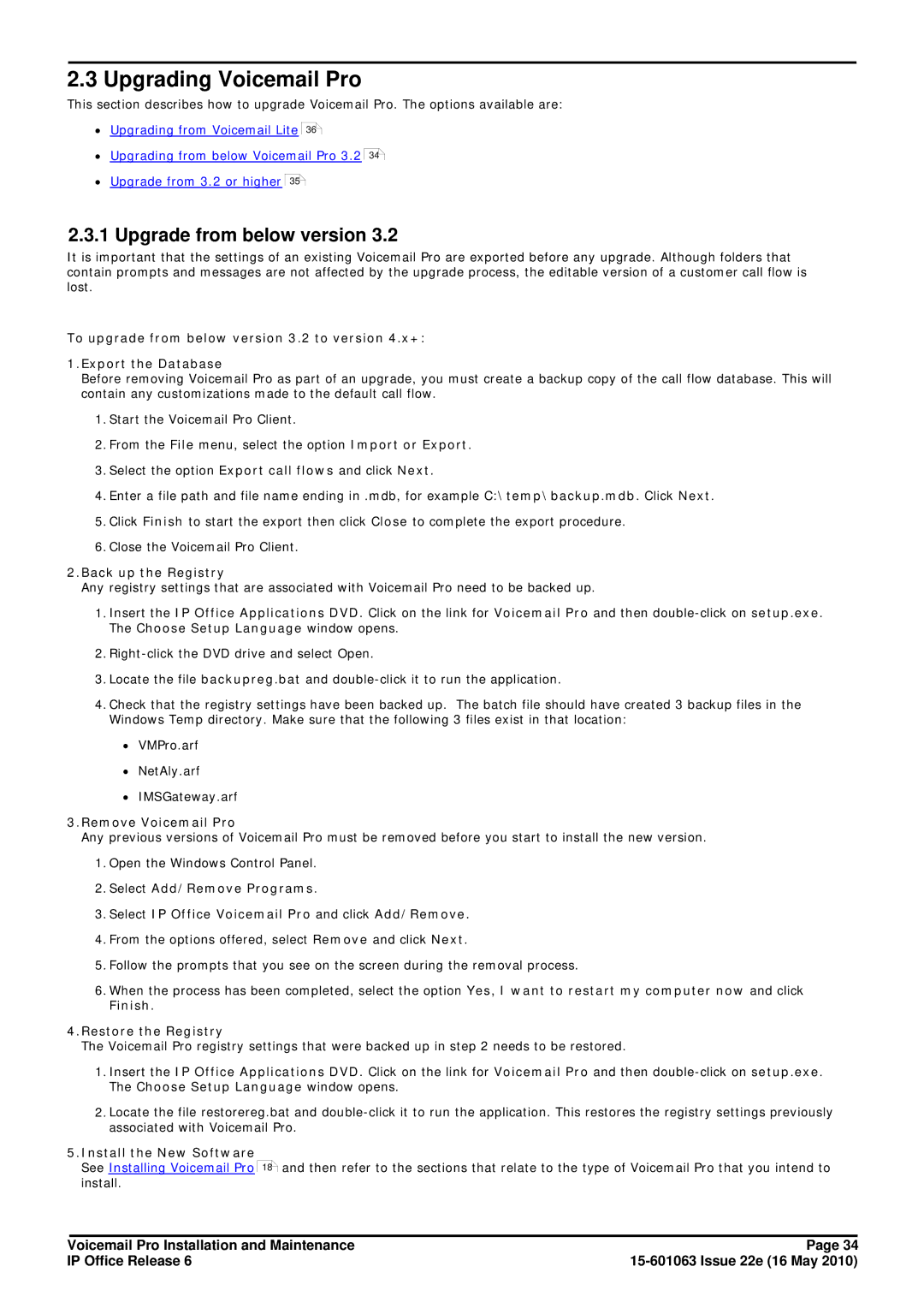 Avaya 6 manual Upgrading Voicemail Pro, Upgrade from below version, Back up the Registry, Remove Voicemail Pro 