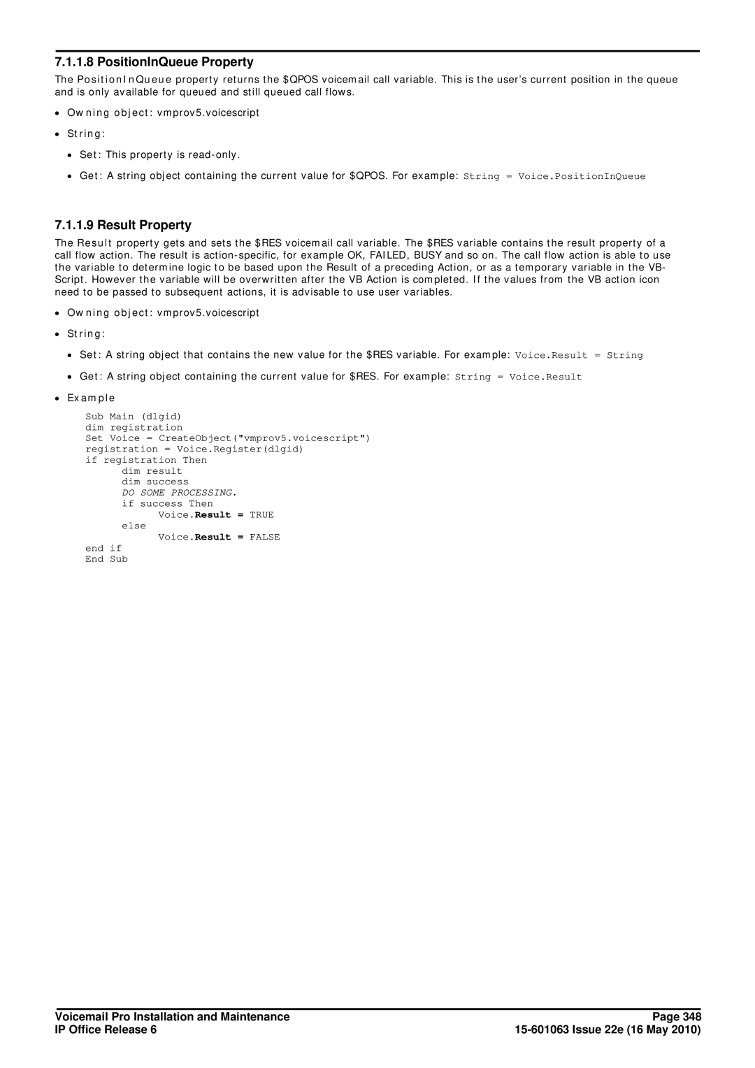 Avaya 6 manual PositionInQueue Property, Result Property 