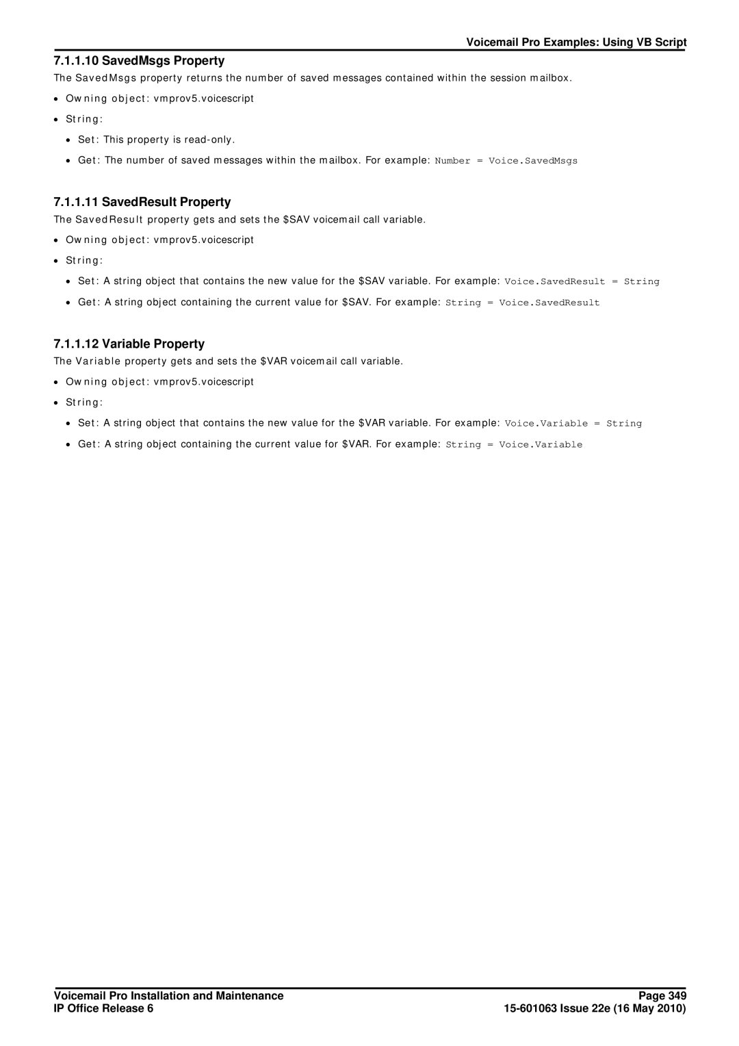 Avaya 6 manual SavedMsgs Property, SavedResult Property, Variable Property 