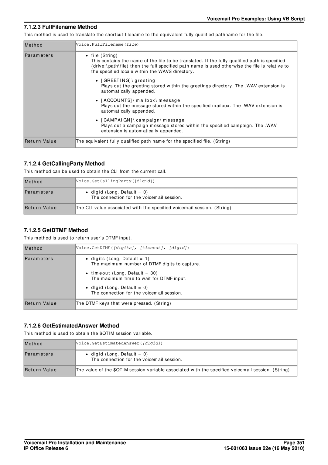 Avaya 6 manual FullFilename Method, GetCallingParty Method, GetDTMF Method, GetEstimatedAnswer Method 