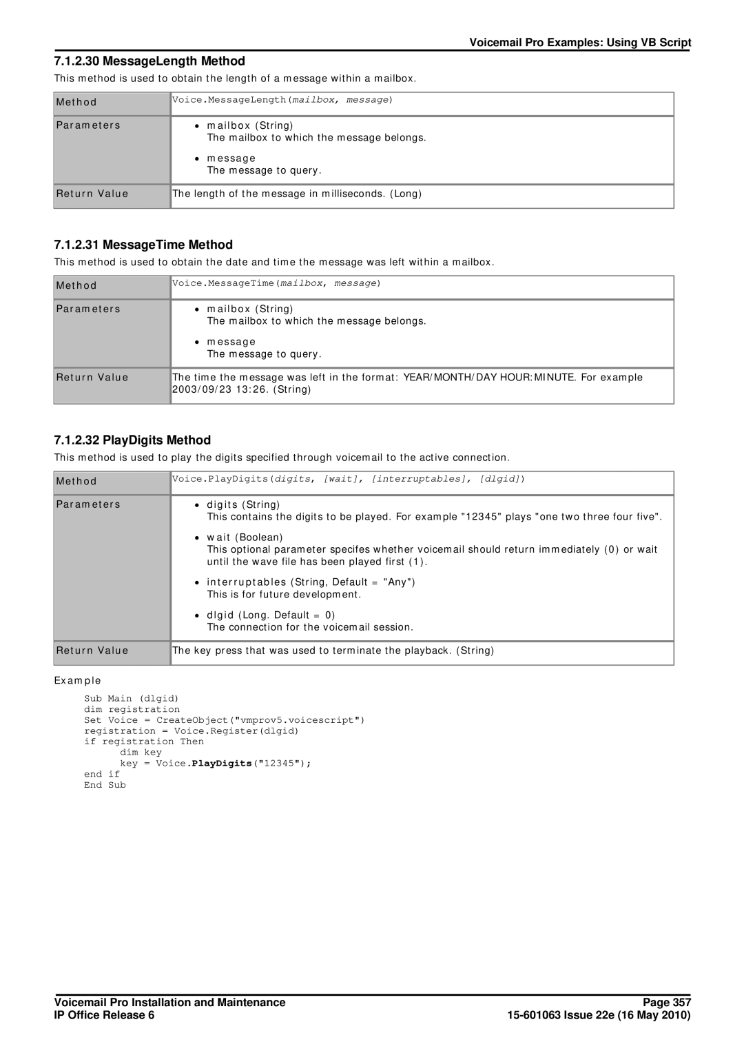 Avaya 6 manual MessageLength Method, MessageTime Method, PlayDigits Method 