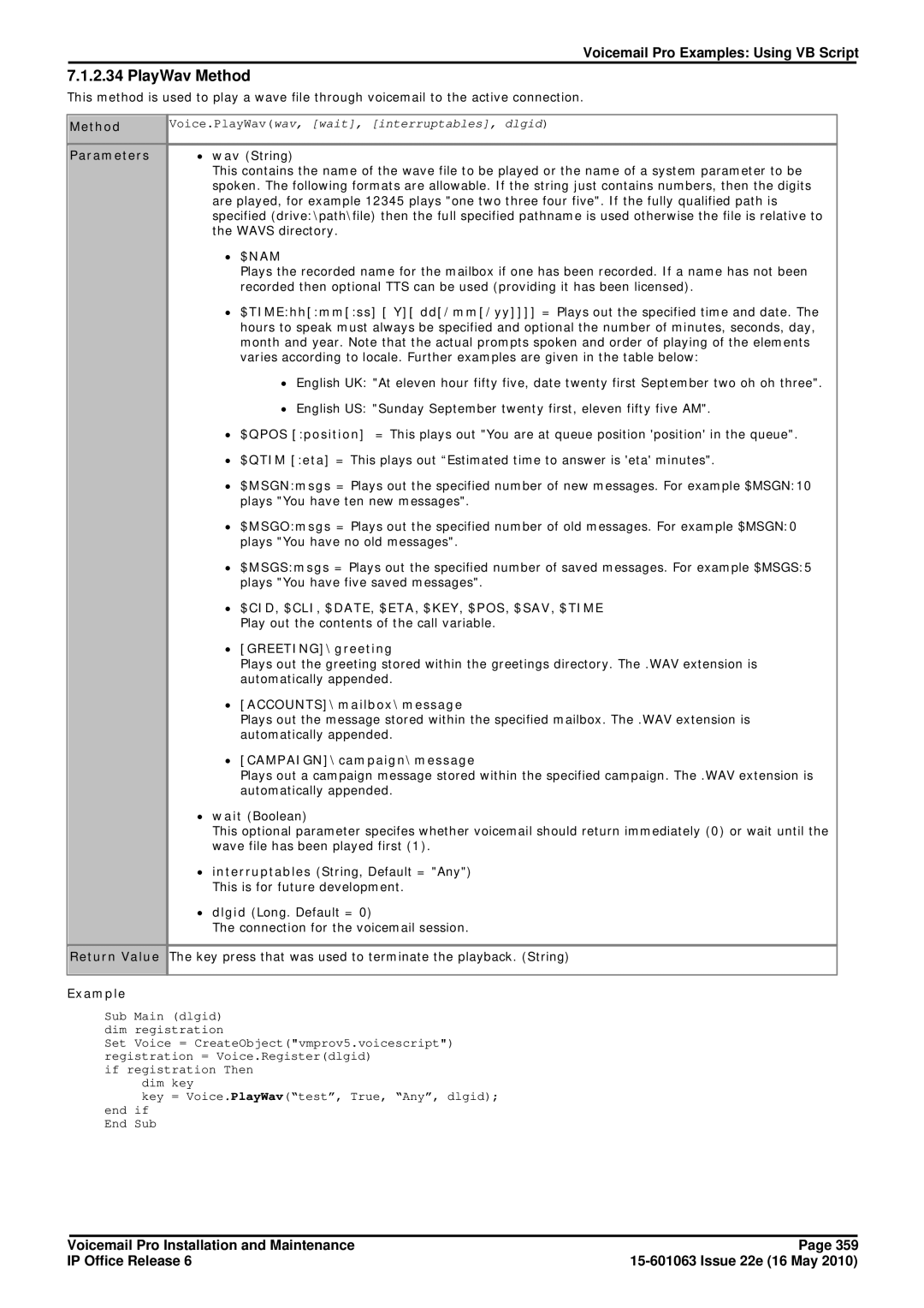 Avaya 6 manual PlayWav Method, Wavs directory 