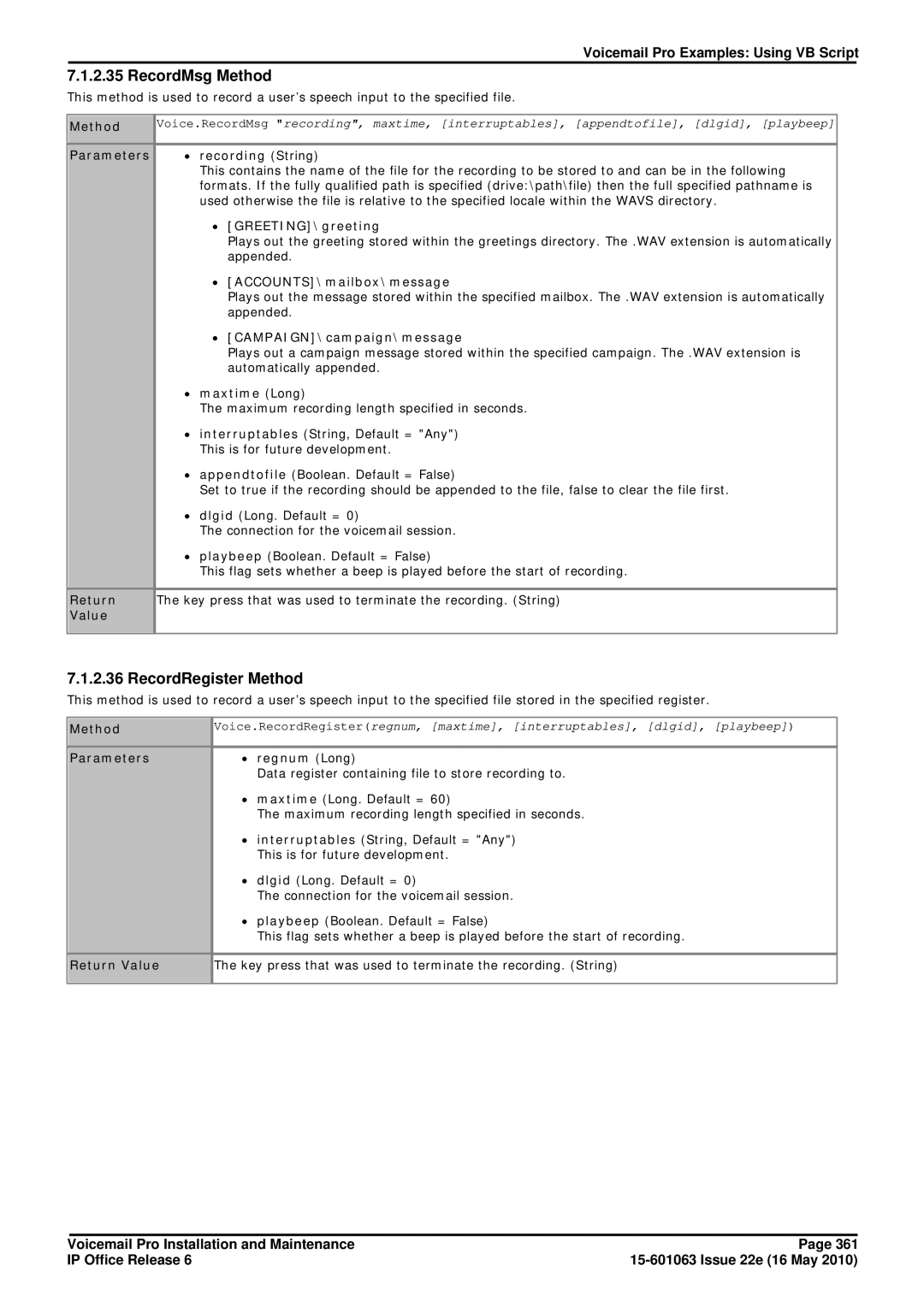 Avaya 6 manual RecordMsg Method, RecordRegister Method, ∙ maxtime Long, Return, Value 