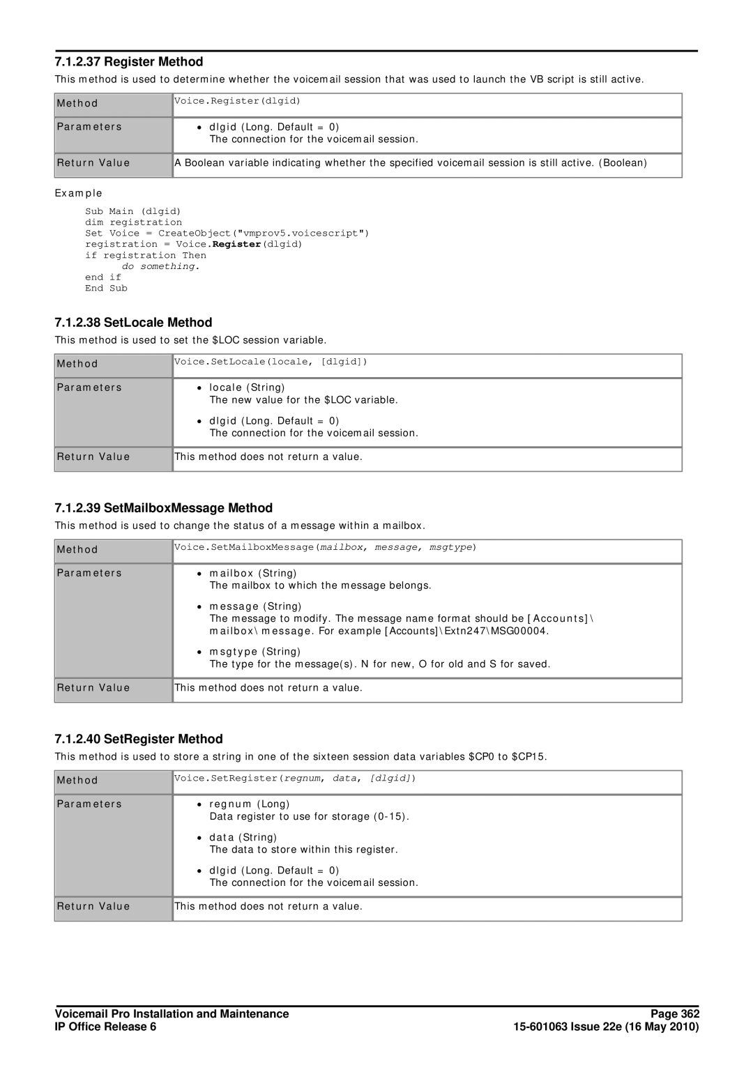 Avaya 6 manual SetLocale Method, SetMailboxMessage Method, SetRegister Method, New value for the $LOC variable 