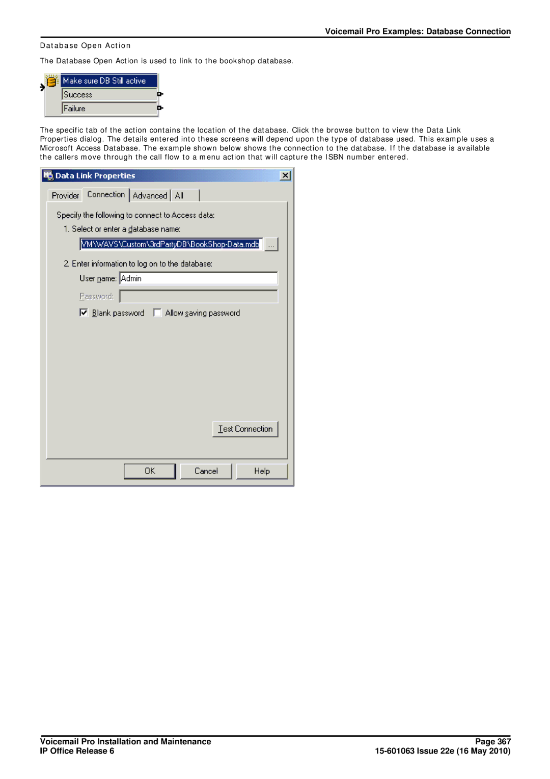 Avaya 6 manual Voicemail Pro Examples Database Connection, Database Open Action 