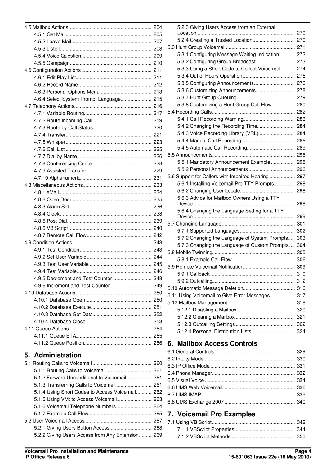Avaya 6 manual Administration, Mailbox Access Controls, Voicemail Pro Examples 