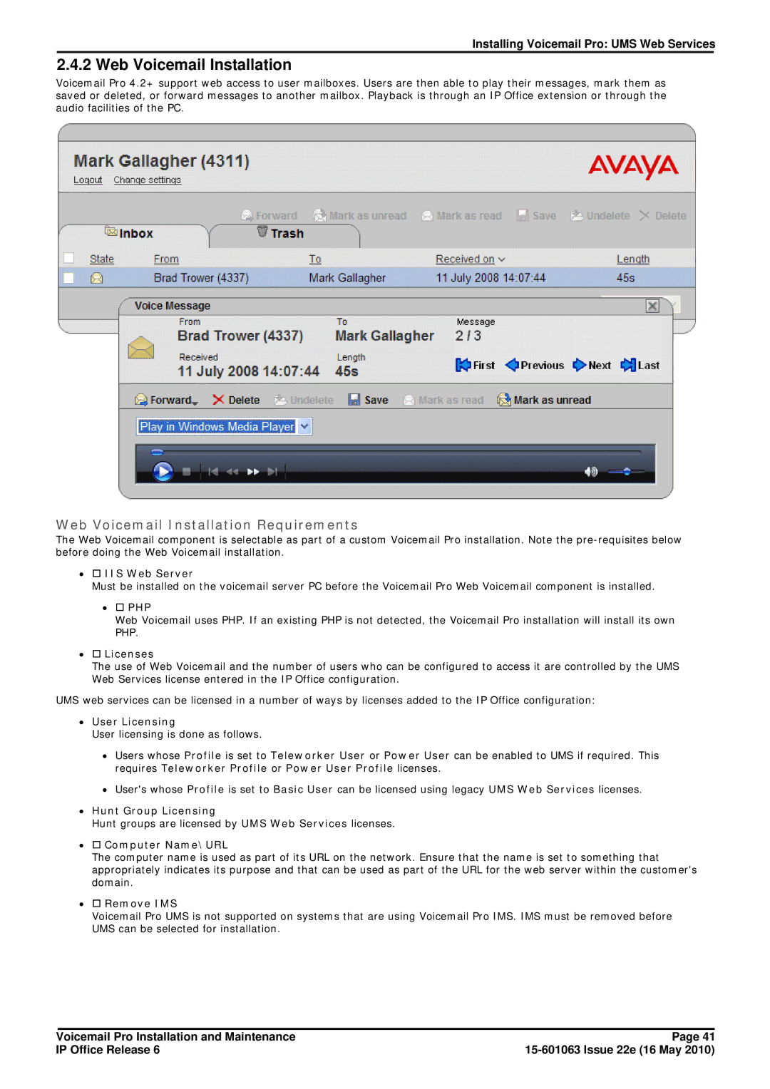 Avaya 6 manual Web Voicemail Installation Requirements 