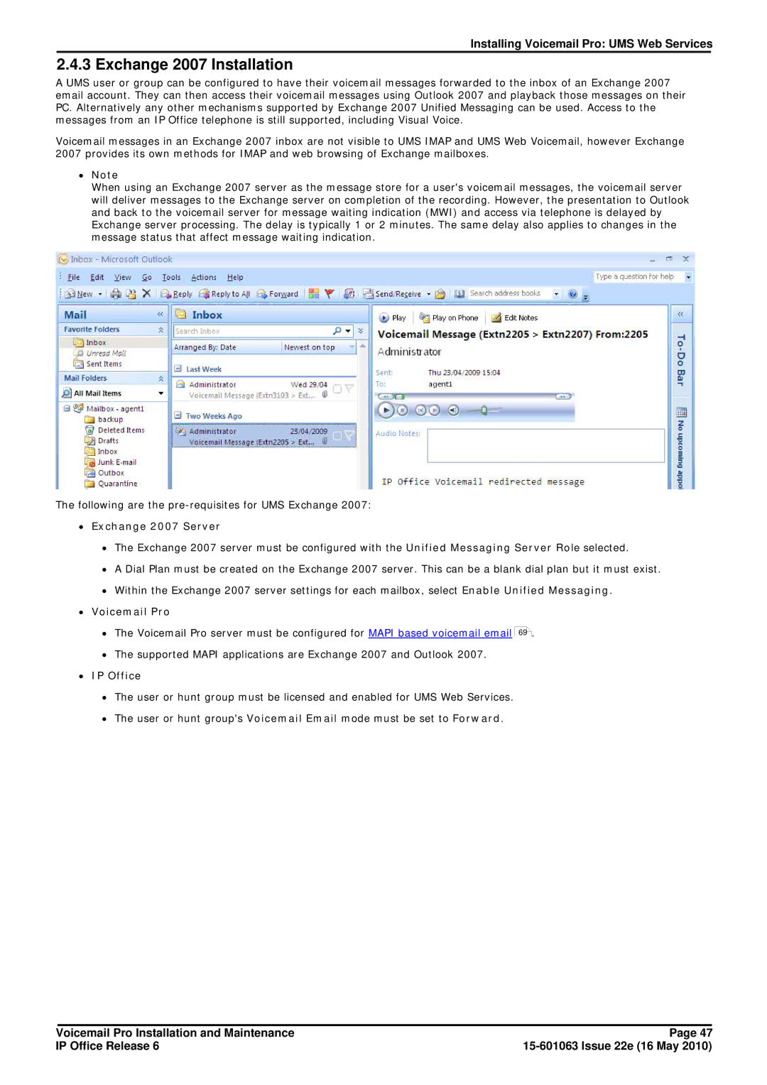 Avaya 6 manual Exchange 2007 Installation, ∙ Note, ∙ Exchange 2007 Server, ∙ Voicemail Pro 