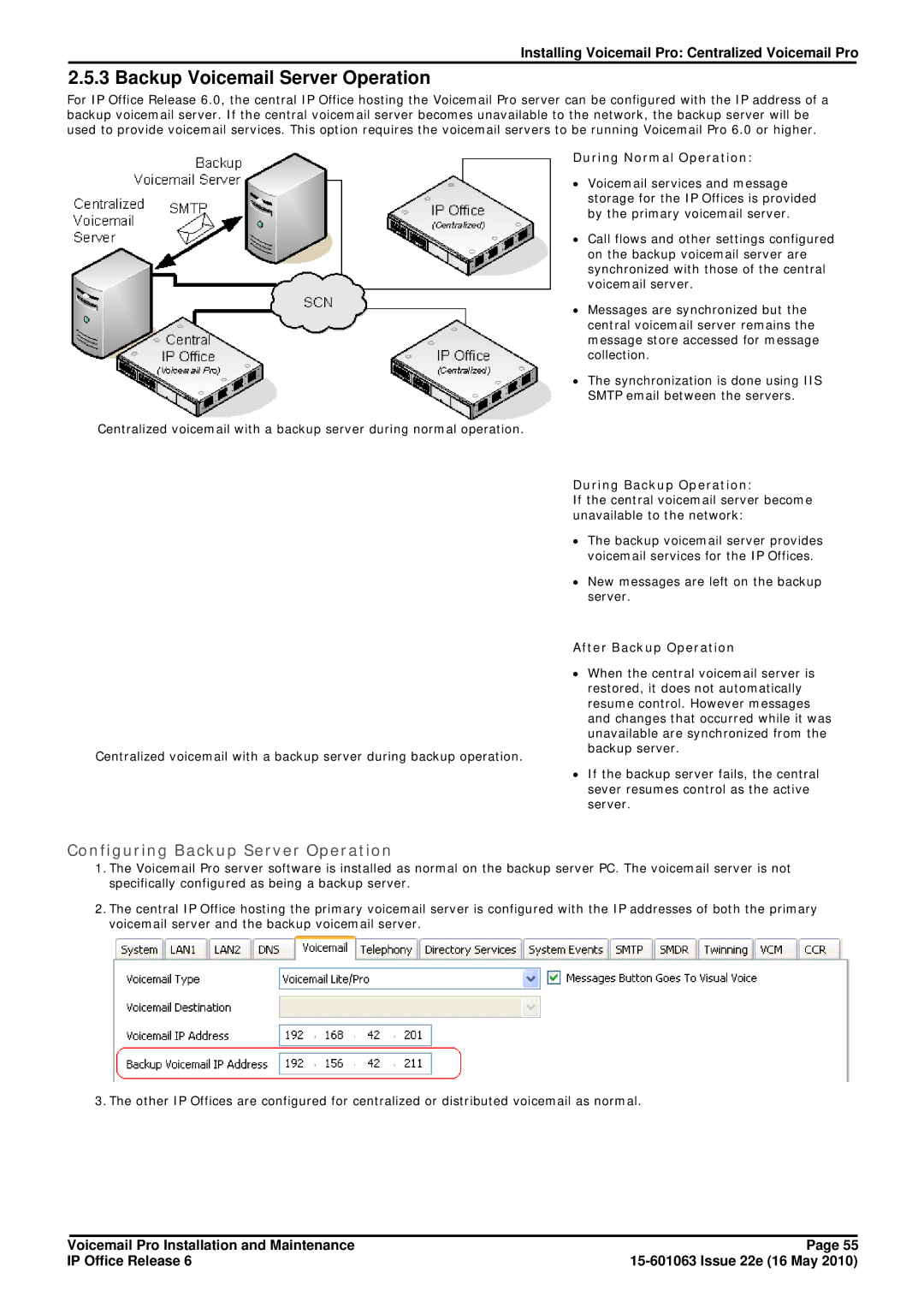 Avaya 6 manual Backup Voicemail Server Operation, Configuring Backup Server Operation, During Normal Operation 