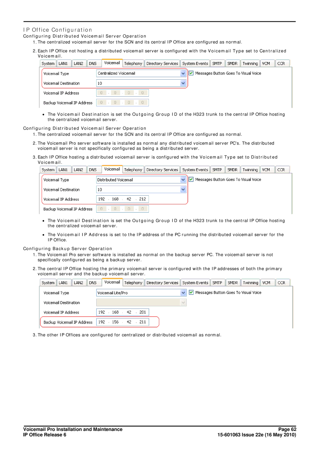 Avaya 6 IP Office Configuration, Configuring Distributed Voicemail Server Operation, Configuring Backup Server Operation 