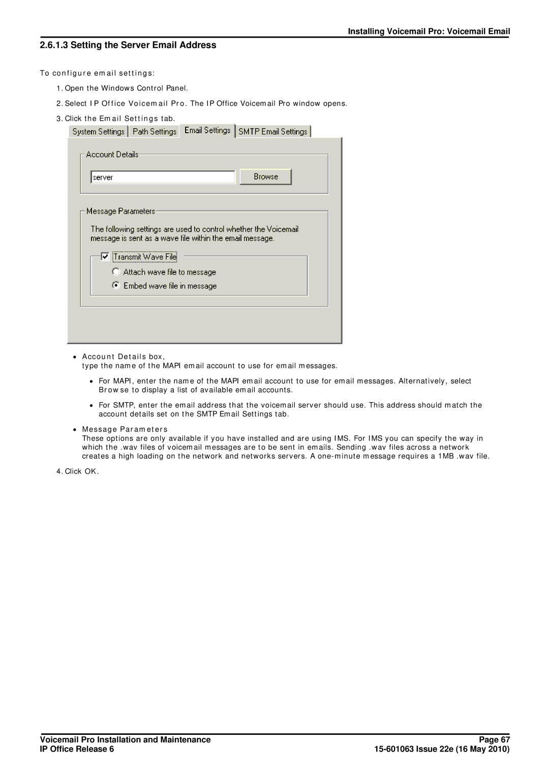 Avaya 6 Setting the Server Email Address, To configure email settings, Click the Email Settings tab ∙ Account Details box 