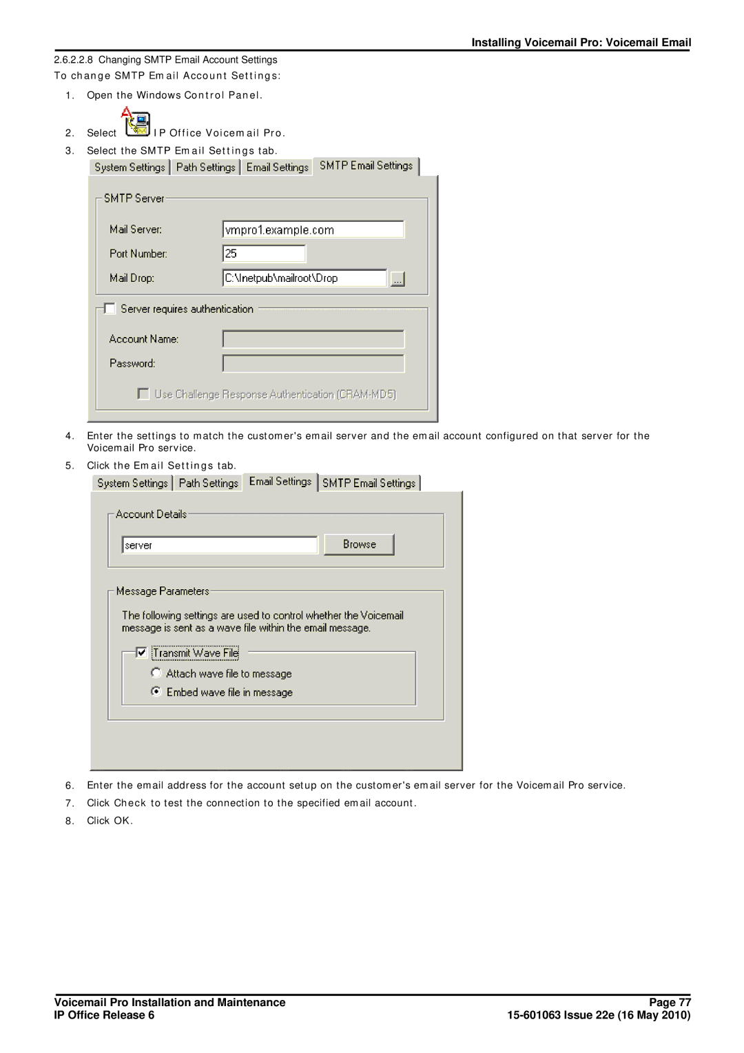 Avaya 6 manual To change Smtp Email Account Settings, Click the Email Settings tab 