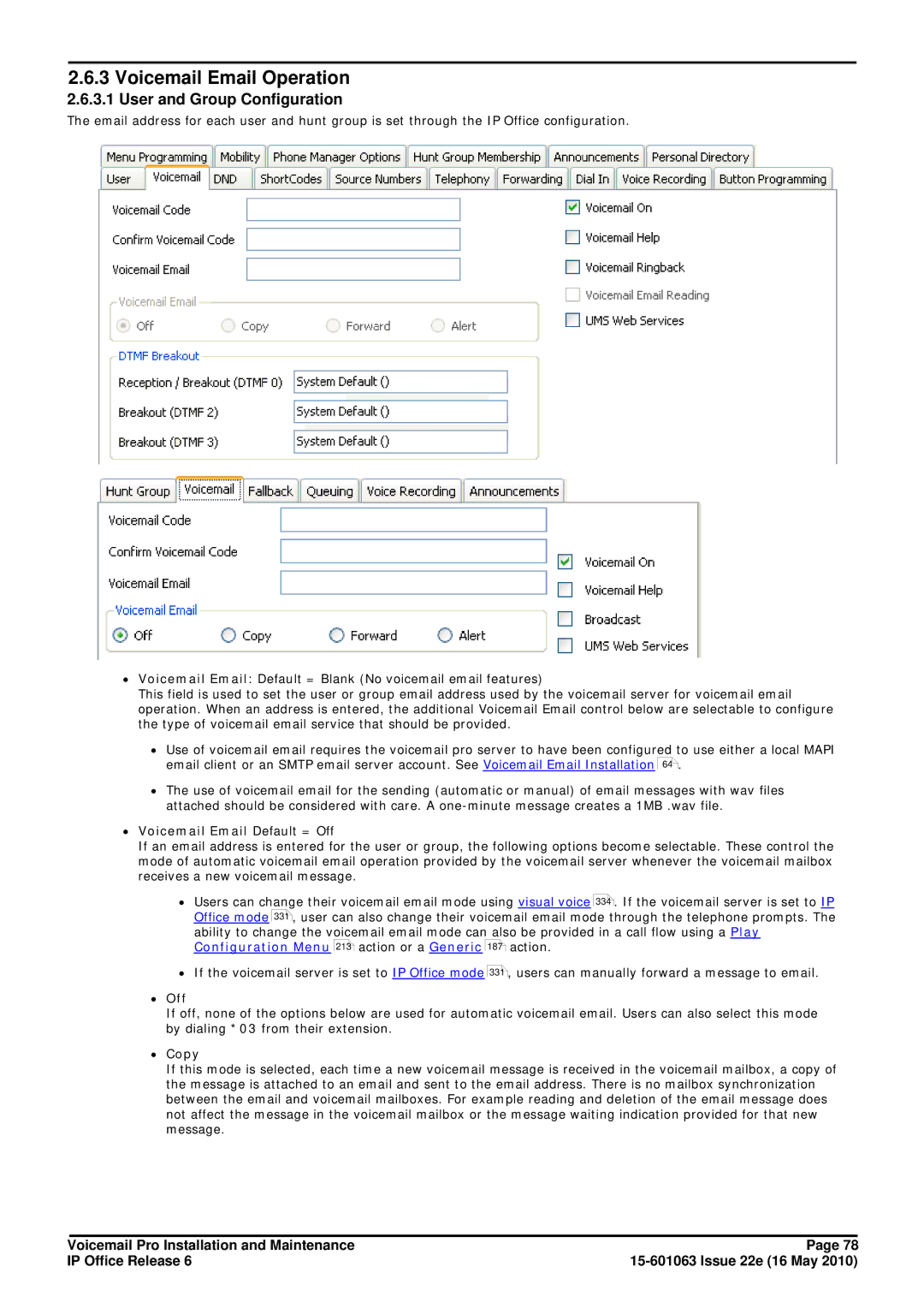 Avaya 6 manual Voicemail Email Operation, User and Group Configuration, ∙ Voicemail Email Default = Off, ∙ Off, ∙ Copy 