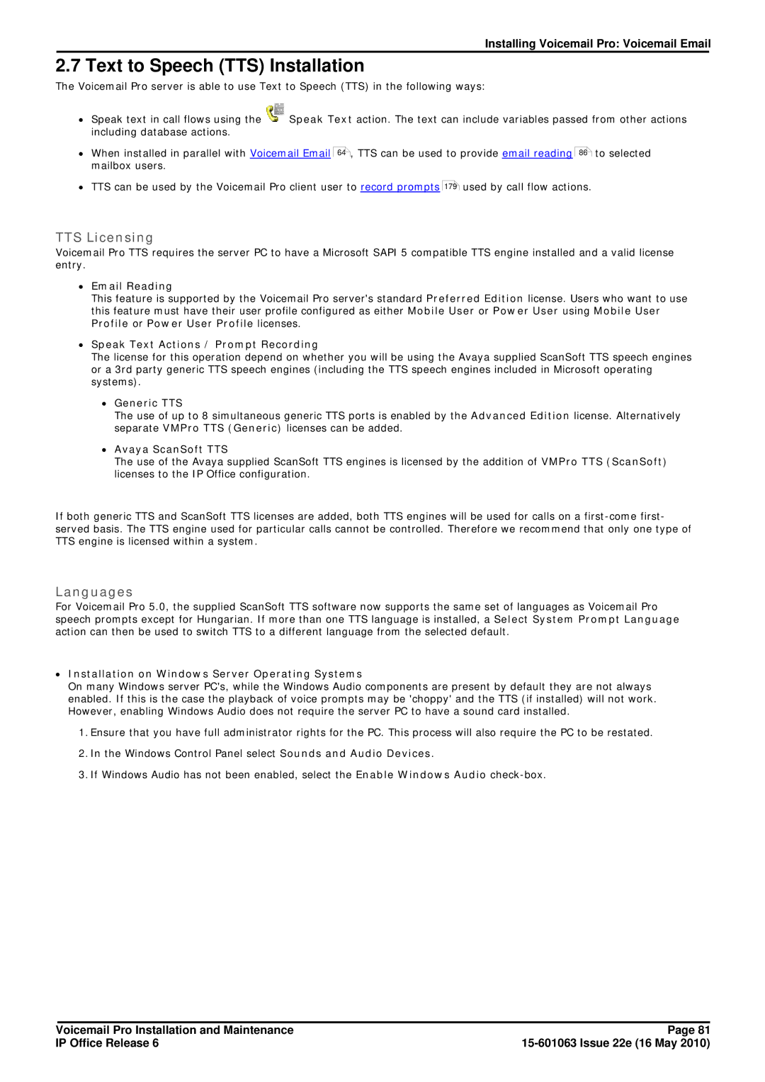 Avaya 6 manual Text to Speech TTS Installation, TTS Licensing, Languages 