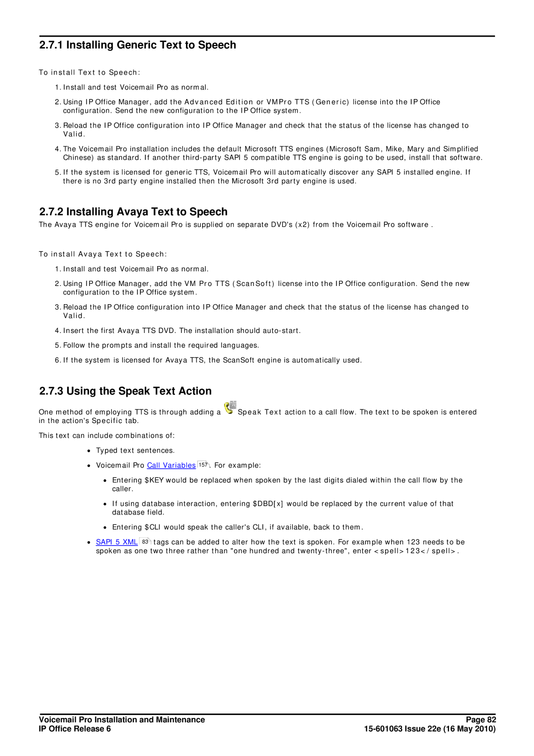 Avaya 6 manual Installing Generic Text to Speech, Installing Avaya Text to Speech, Using the Speak Text Action 