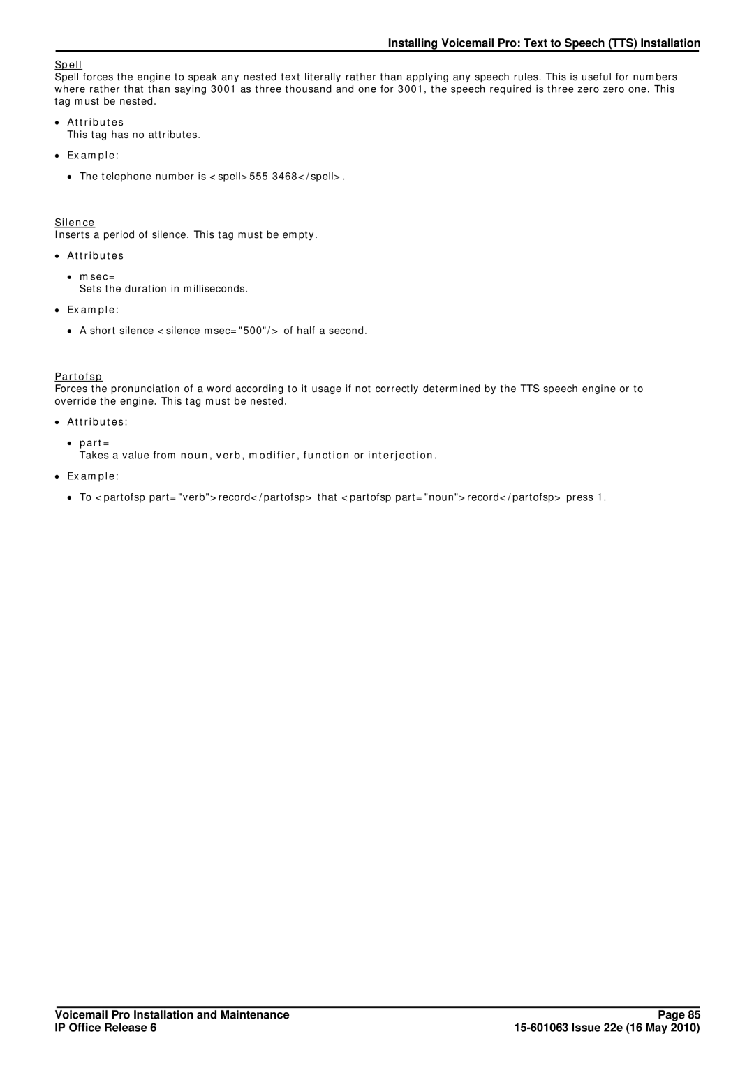 Avaya 6 manual Spell, Silence, ∙ Attributes ∙ msec=, Partofsp 