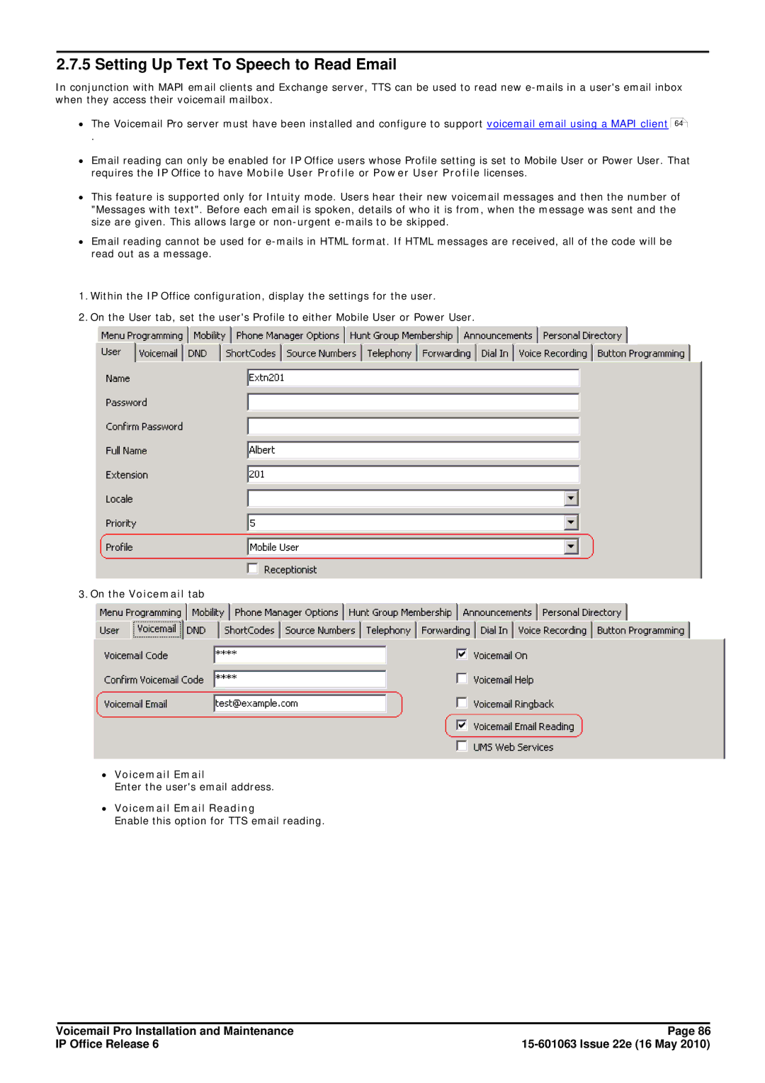 Avaya 6 manual Setting Up Text To Speech to Read Email, ∙ Voicemail Email Reading 