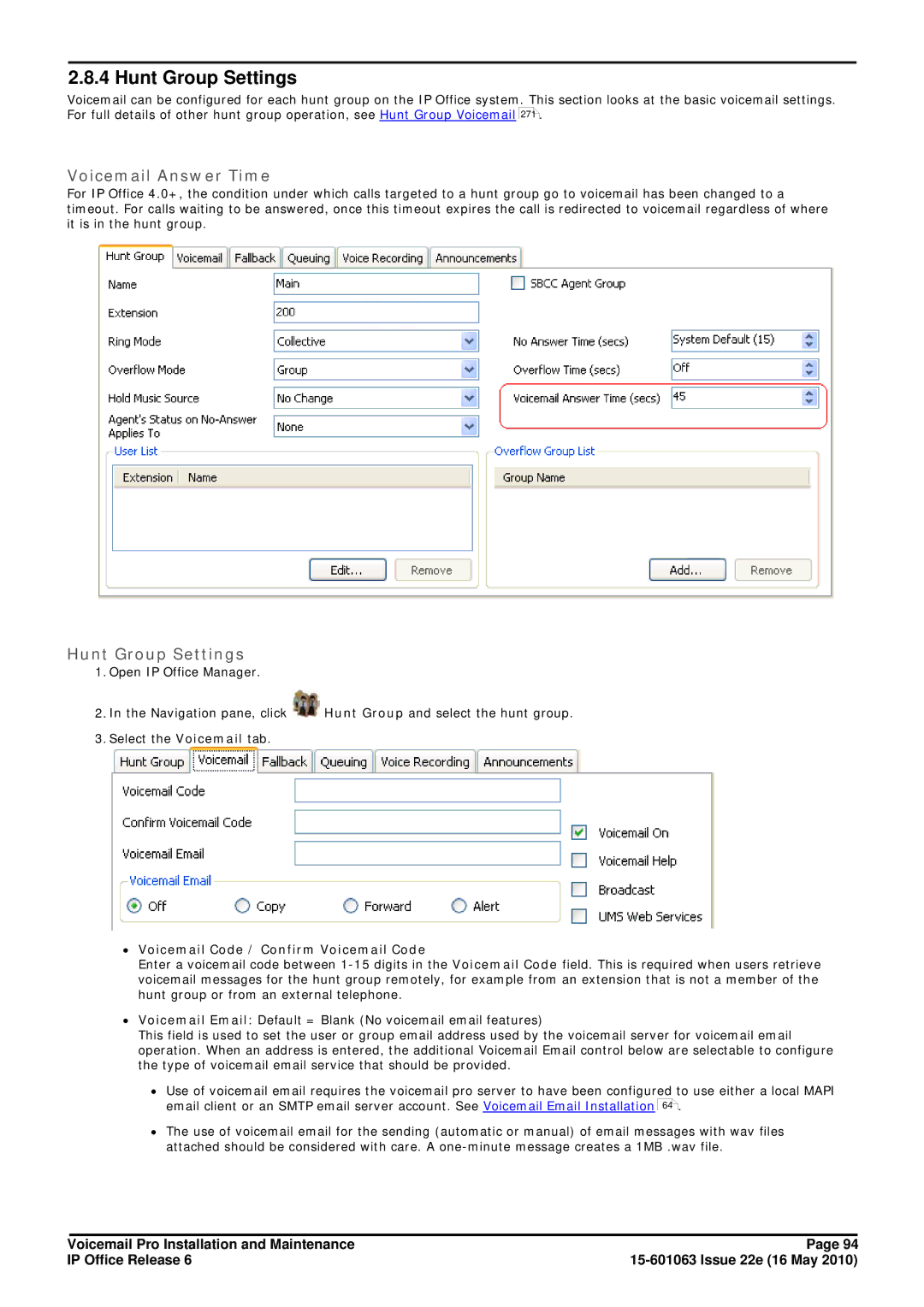 Avaya 6 manual Hunt Group Settings, Voicemail Answer Time 