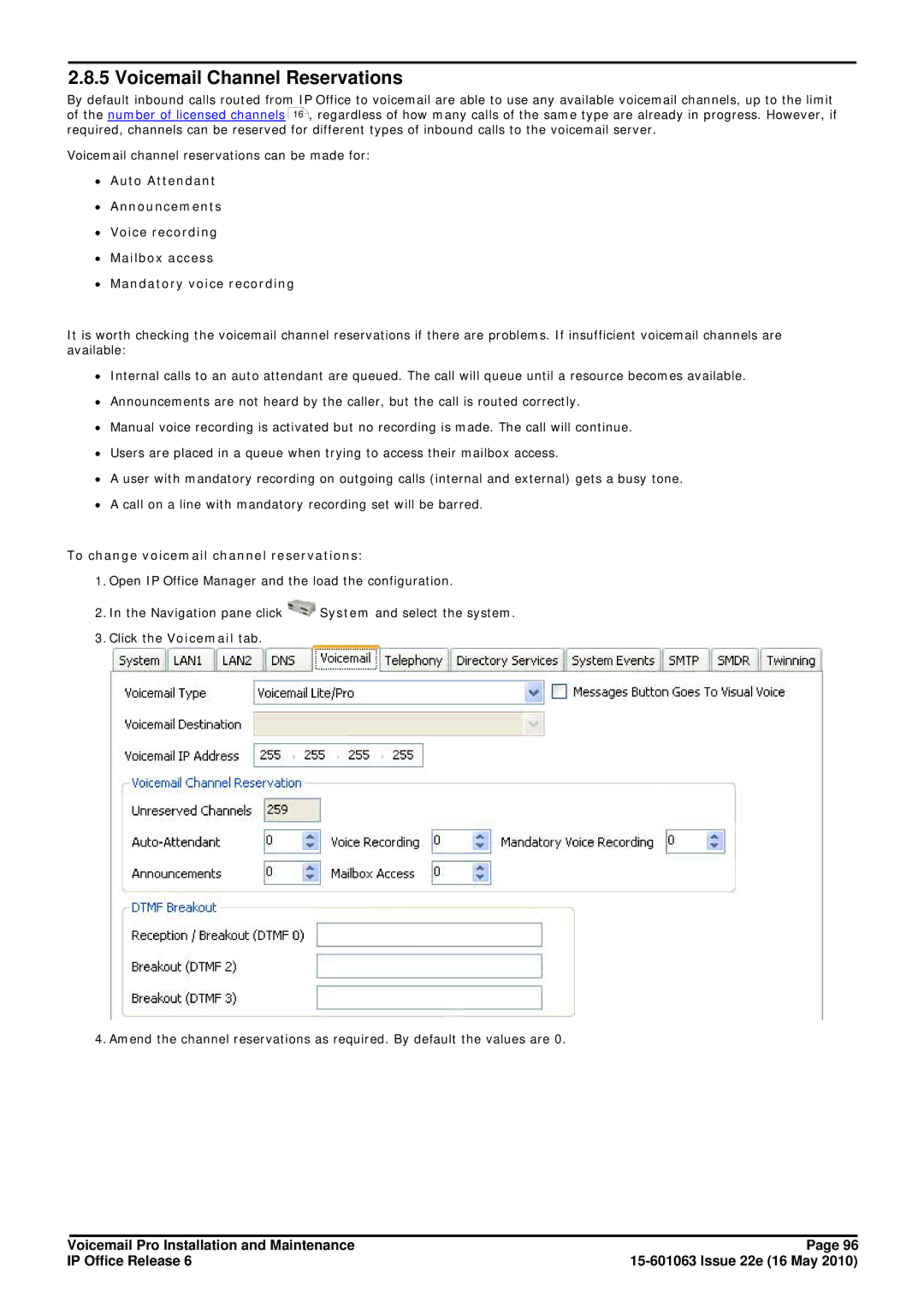 Avaya 6 manual Voicemail Channel Reservations, To change voicemail channel reservations 