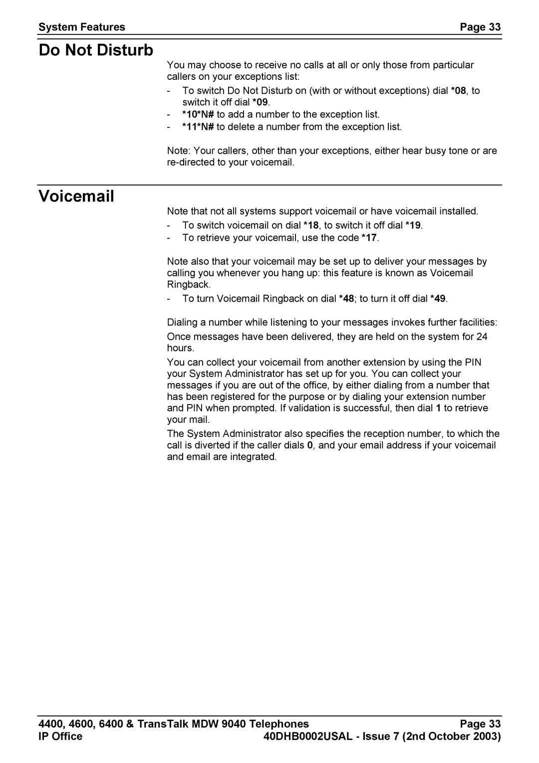 Avaya 6400, 4400, 9040 manual Do Not Disturb, Voicemail 