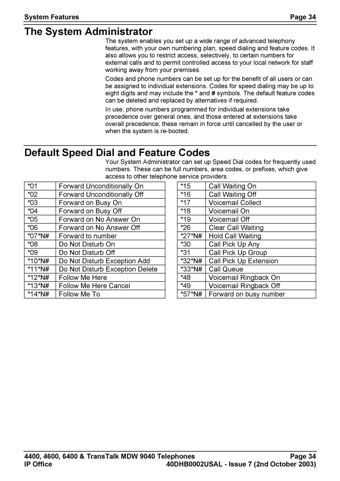 Avaya 4400, 6400, 9040 manual System Administrator, Default Speed Dial and Feature Codes 