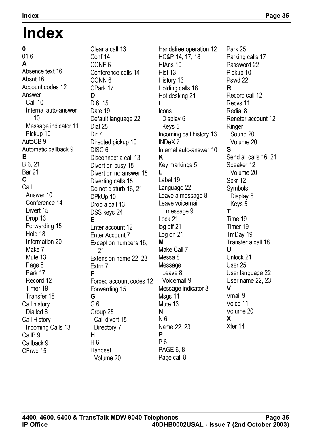 Avaya 9040, 6400, 4400 manual Index 