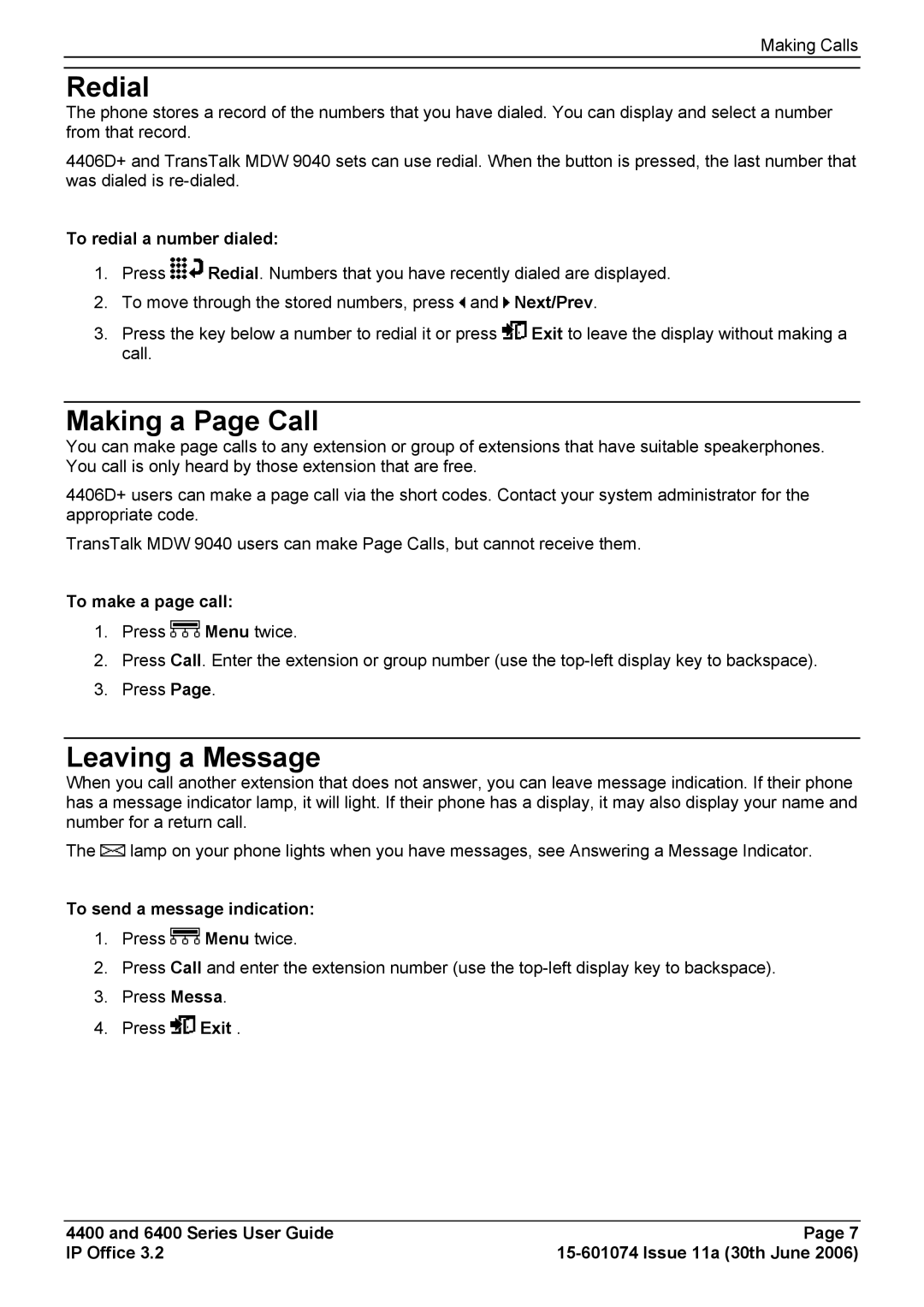 Avaya 4400, 6400 manual Redial, Making a Page Call, Leaving a Message 