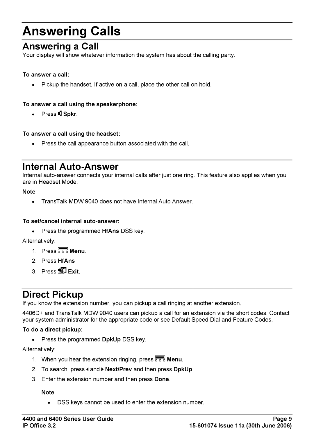 Avaya 4400, 6400 manual Answering Calls, Answering a Call, Internal Auto-Answer, Direct Pickup 