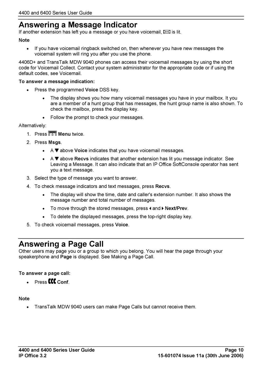 Avaya 6400 Answering a Message Indicator, Answering a Page Call, To answer a message indication, To answer a page call 