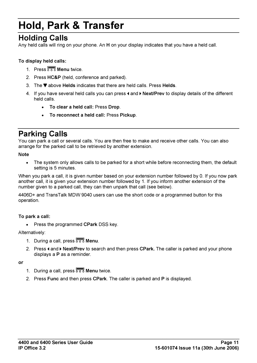 Avaya 4400, 6400 manual Hold, Park & Transfer, Holding Calls, Parking Calls, To display held calls, To park a call 