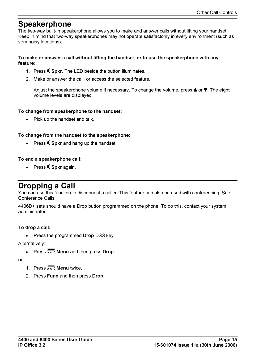 Avaya 4400, 6400 manual Speakerphone, Dropping a Call 