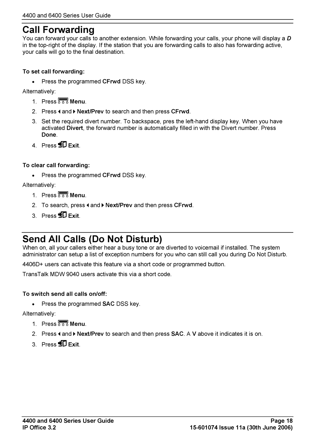 Avaya 6400, 4400 manual Call Forwarding, Send All Calls Do Not Disturb, To set call forwarding, To clear call forwarding 