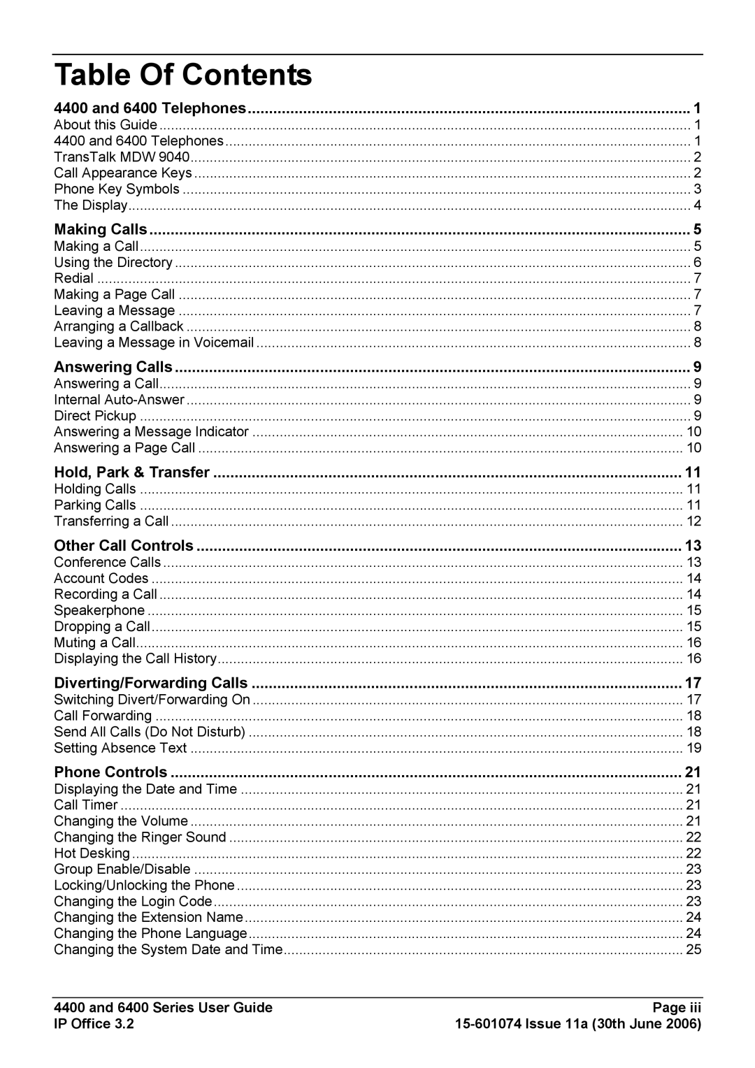 Avaya 4400, 6400 manual Table Of Contents 