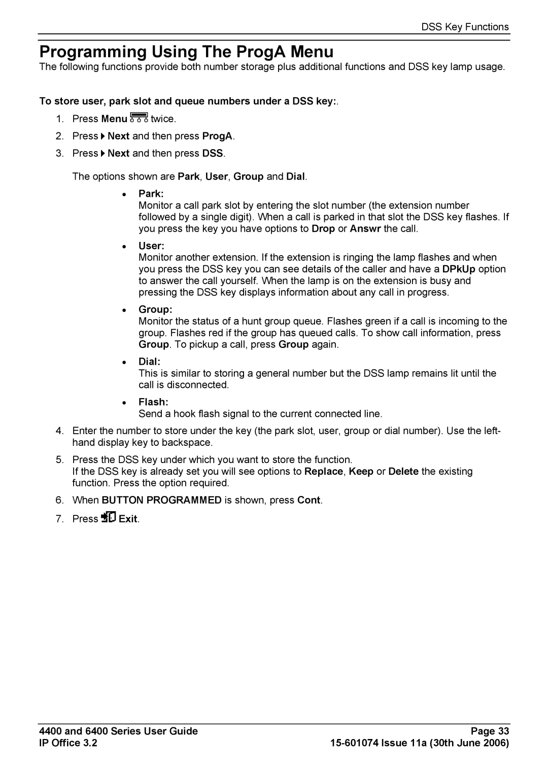 Avaya 4400, 6400 manual Programming Using The ProgA Menu 