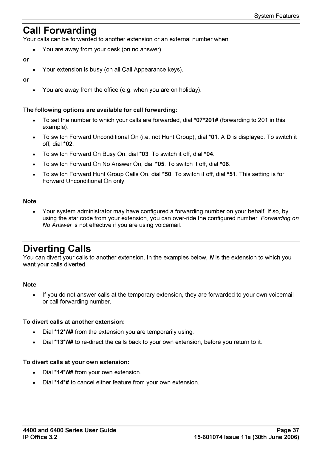 Avaya 4400 Diverting Calls, Following options are available for call forwarding, To divert calls at another extension 