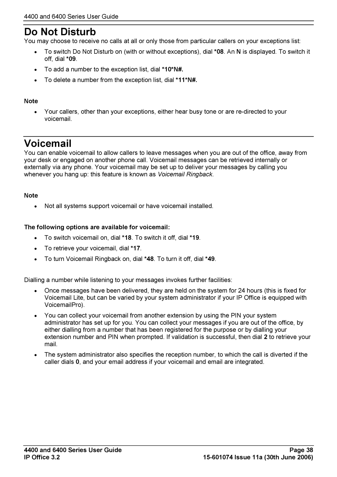 Avaya 6400, 4400 manual Do Not Disturb, Voicemail, Following options are available for voicemail 