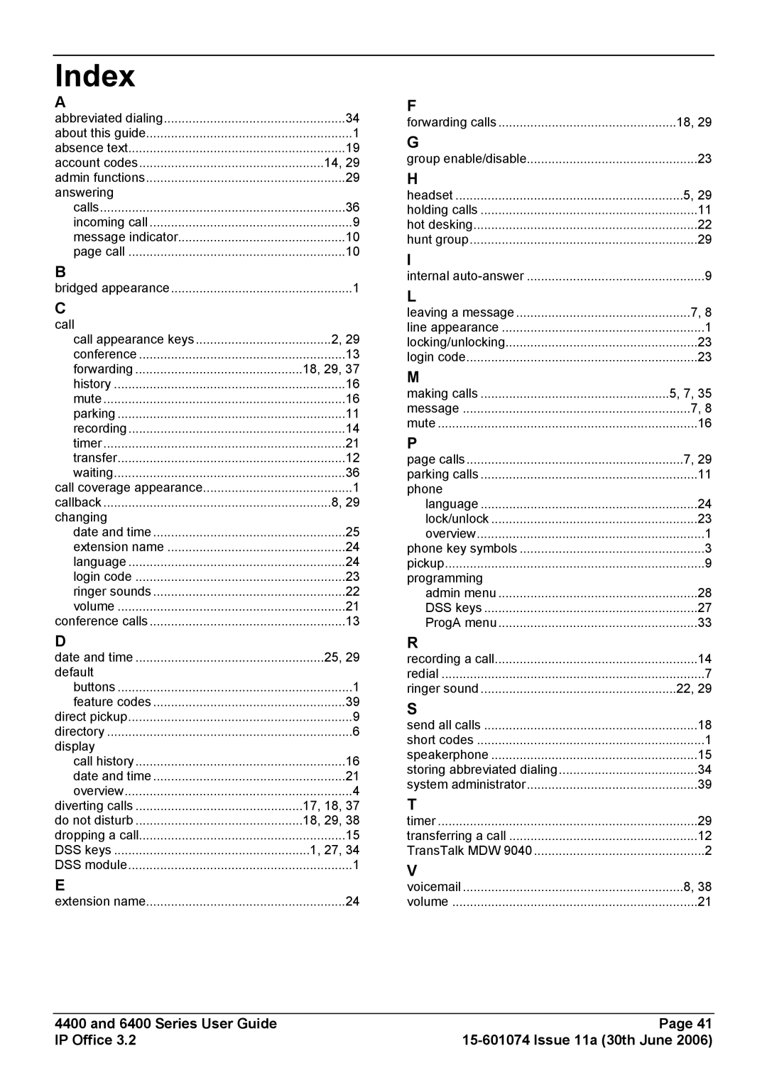 Avaya 4400, 6400 manual Index, Changing 