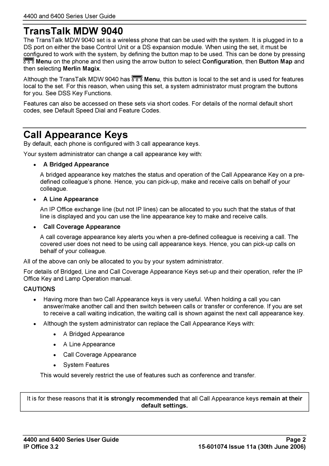 Avaya 6400, 4400 manual TransTalk MDW, Call Appearance Keys, Bridged Appearance, Line Appearance, Call Coverage Appearance 