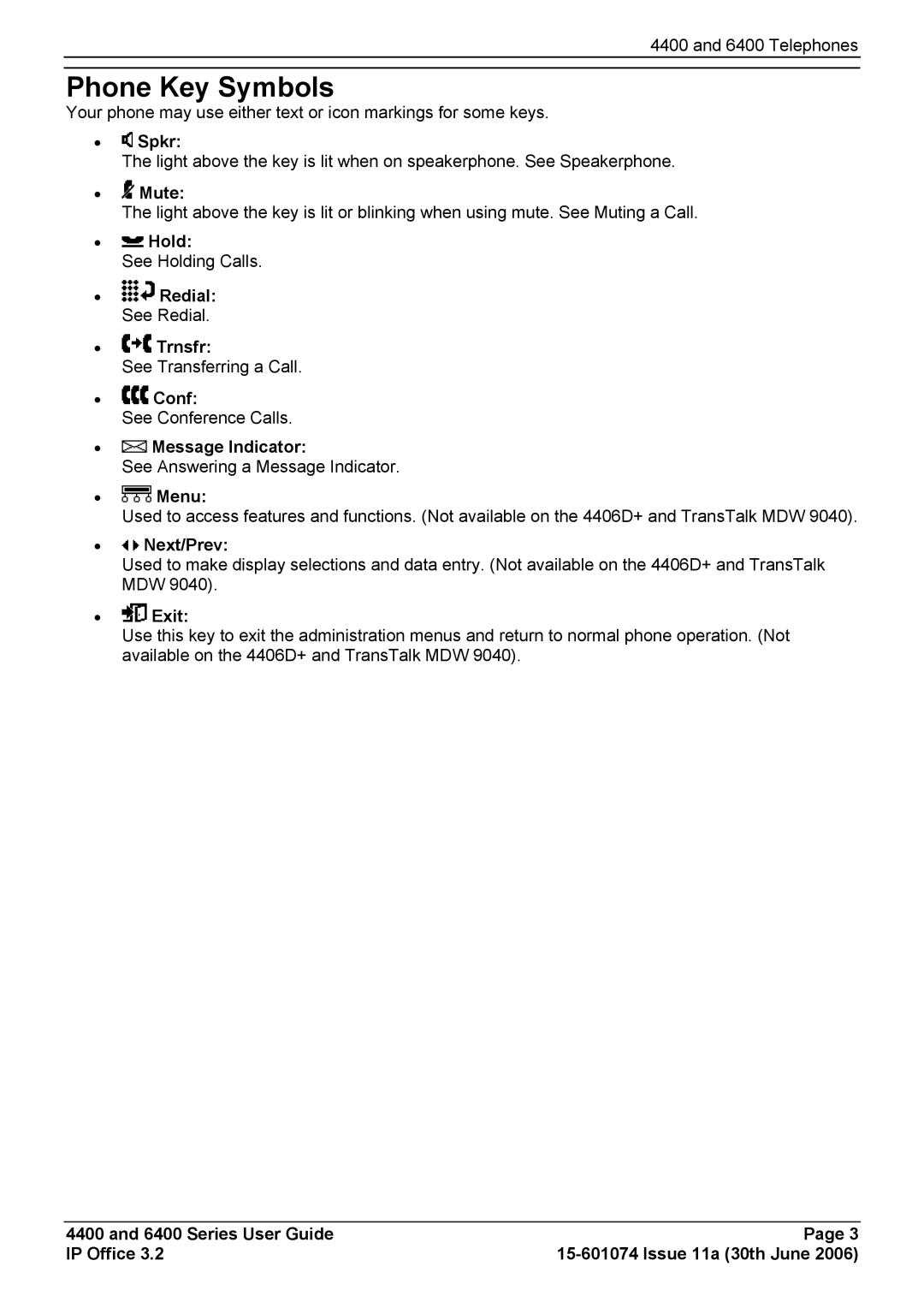 Avaya 4400, 6400 manual Phone Key Symbols 