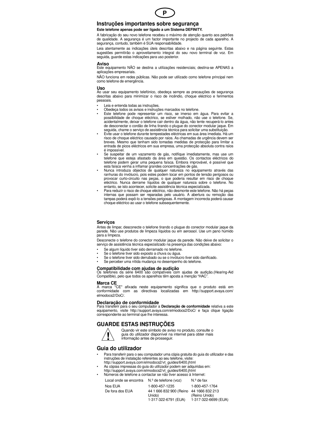 Avaya 6400 manual Instruções importantes sobre segurança, Guarde Estas Instruções, Guia do utilizador 