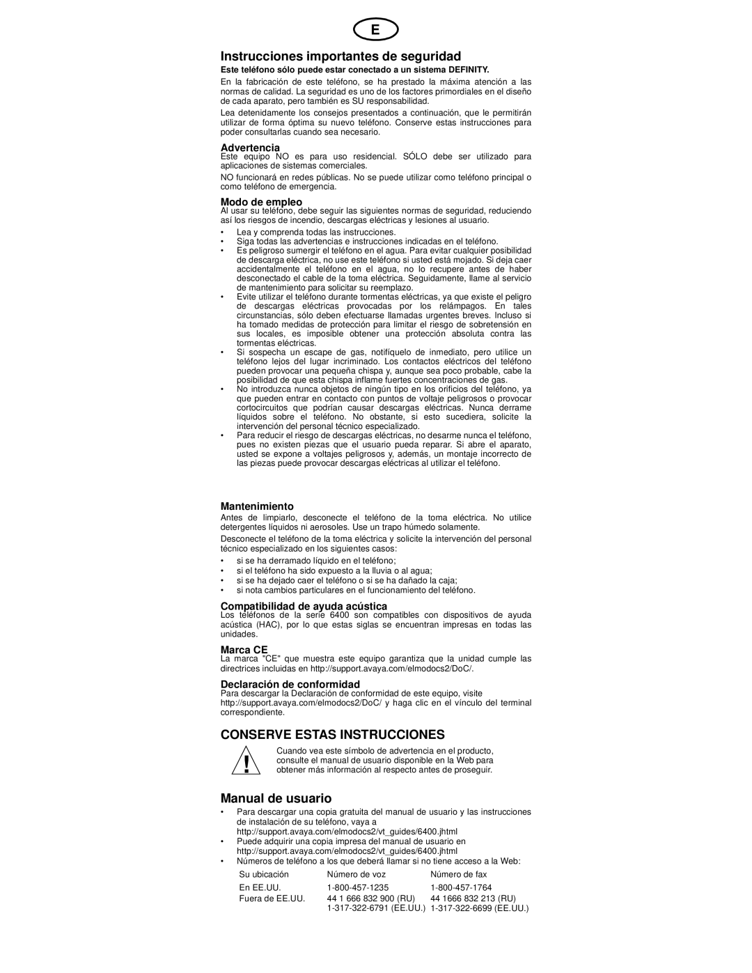 Avaya 6400 manual Instrucciones importantes de seguridad, Conserve Estas Instrucciones, Manual de usuario 