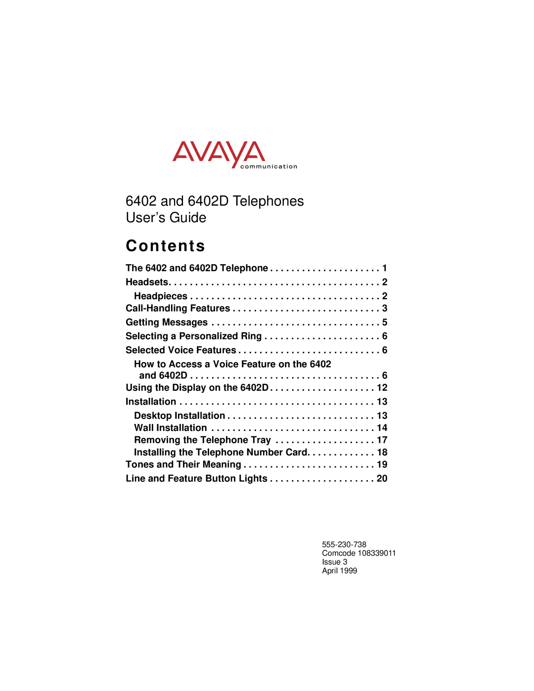 Avaya 6402D manual N t e n t s 