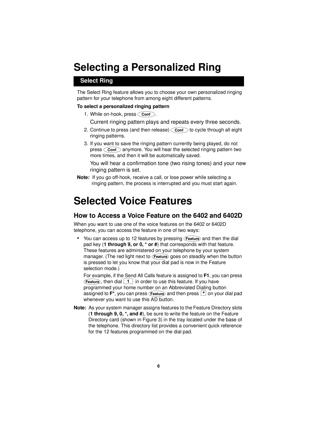 Avaya manual Selecting a Personalized Ring, Selected Voice Features, How to Access a Voice Feature on the 6402 and 6402D 