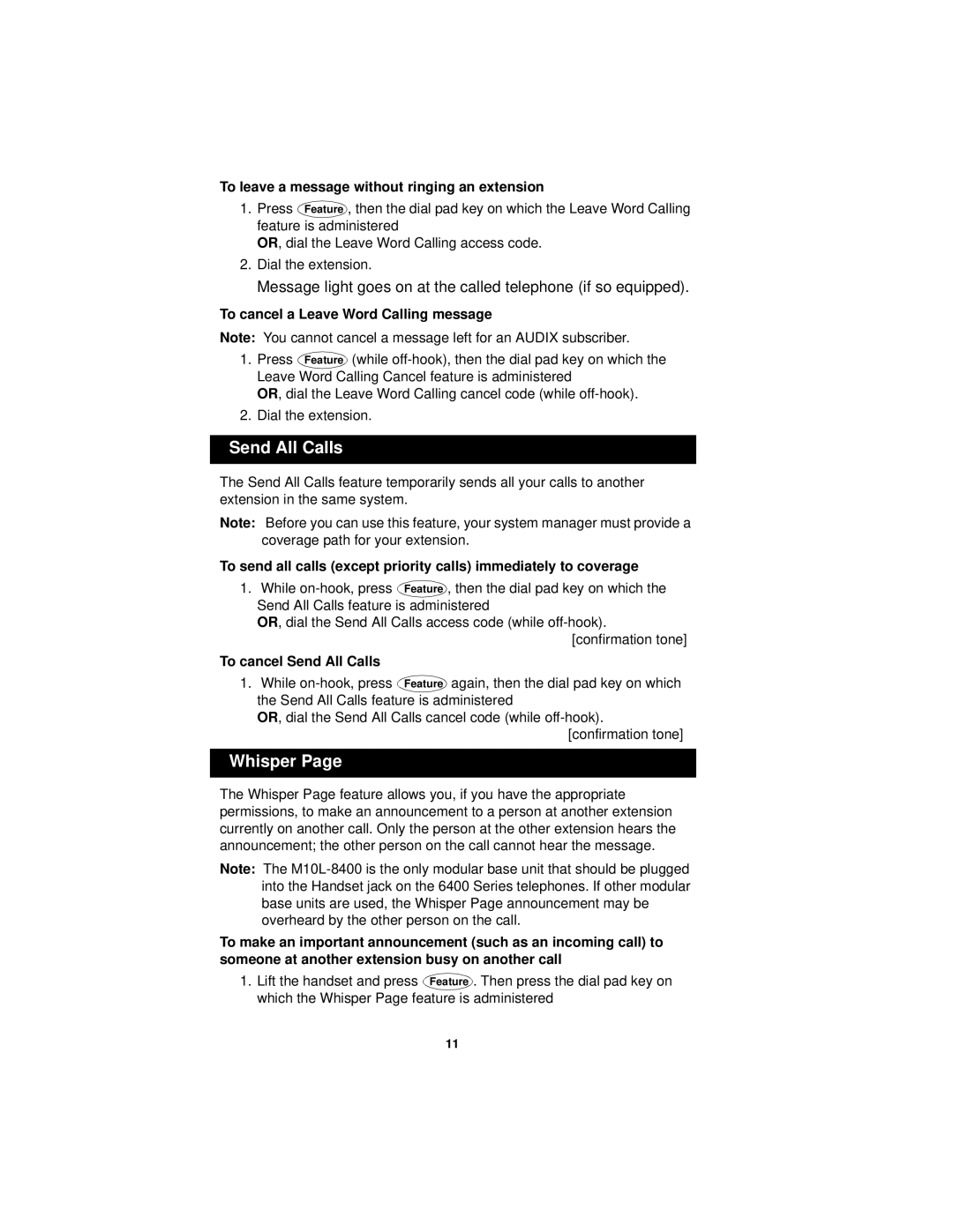 Avaya 6402D manual Whisper, To leave a message without ringing an extension, To cancel Send All Calls 