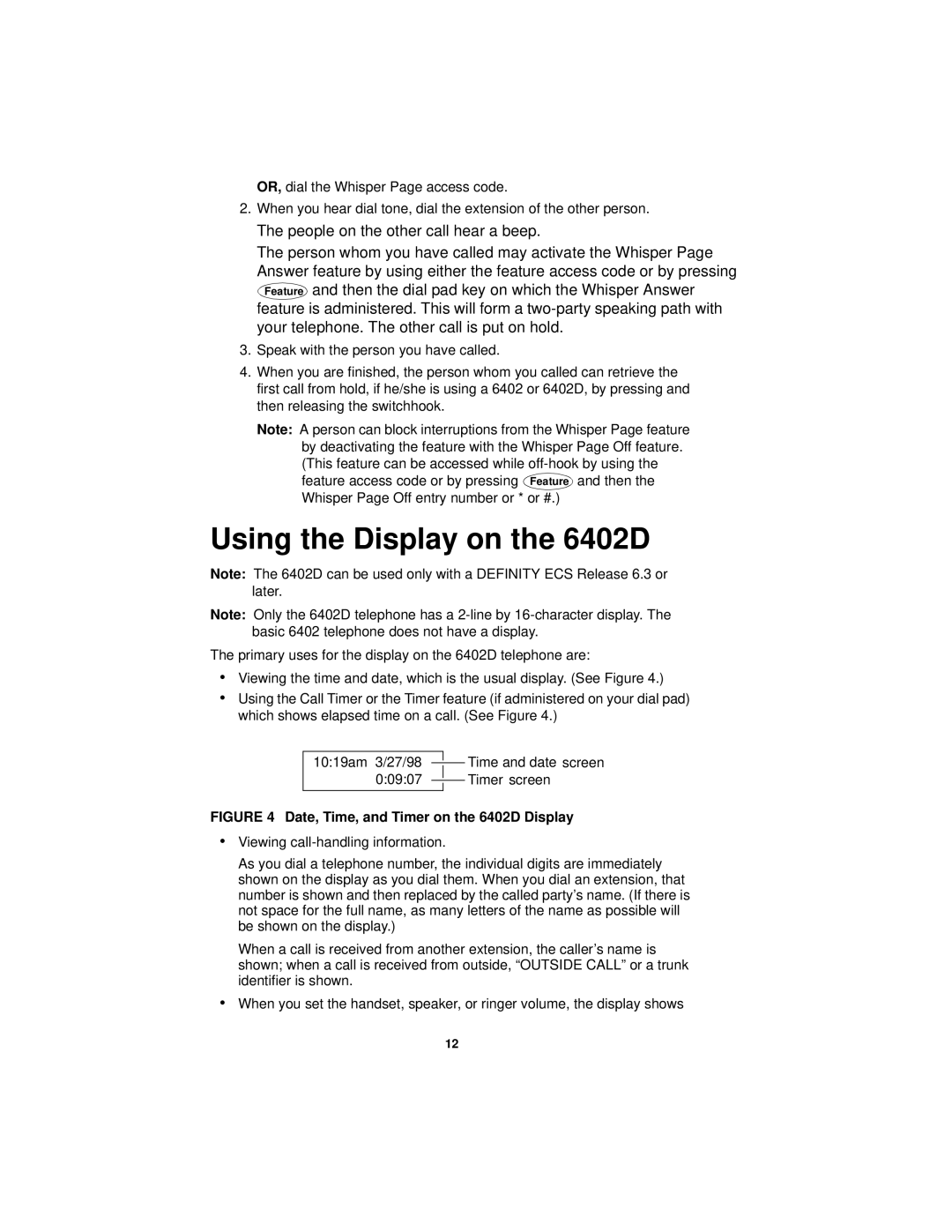 Avaya manual Using the Display on the 6402D, Date, Time, and Timer on the 6402D Display 