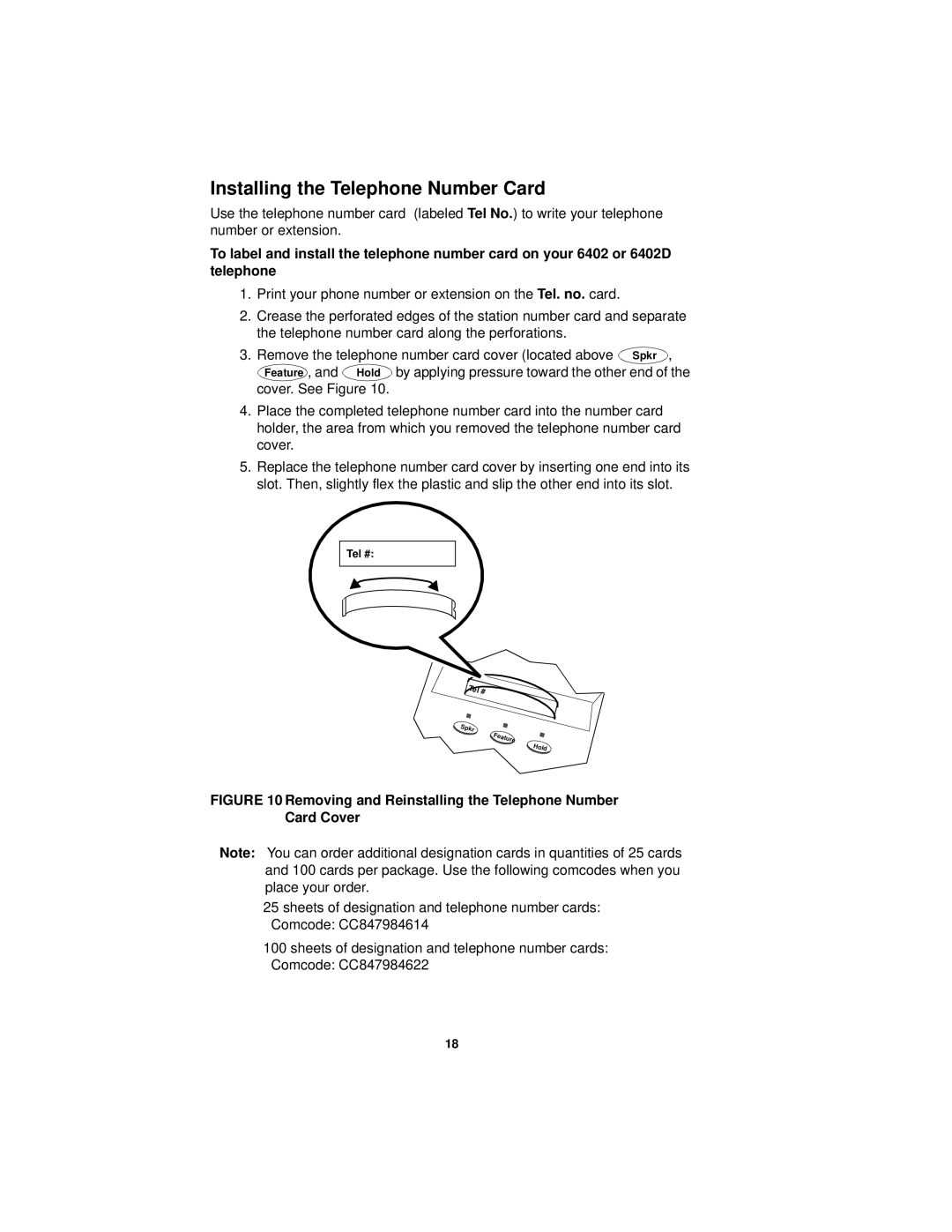 Avaya 6402D manual Installing the Telephone Number Card, Removing and Reinstalling the Telephone Number Card Cover 