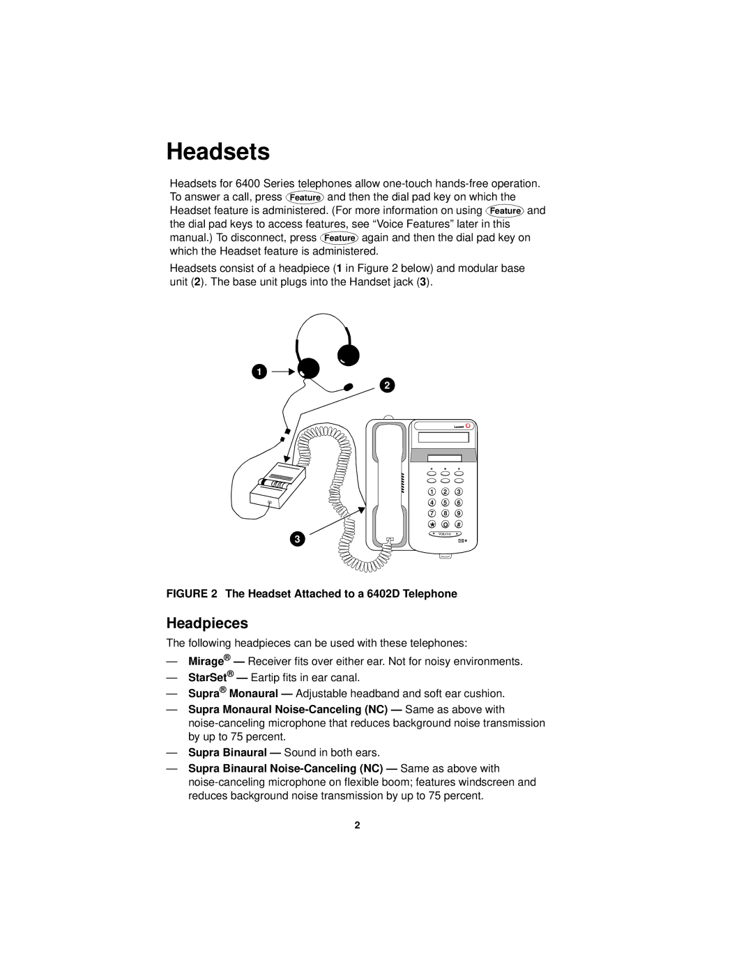 Avaya 6402D manual Headsets, Headpieces 