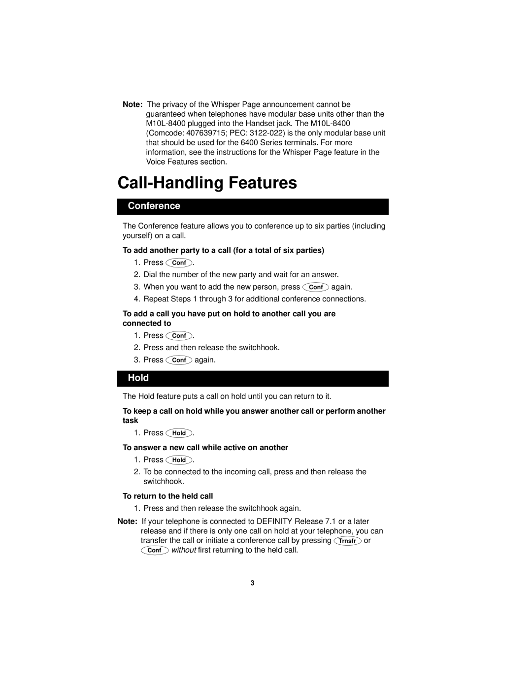 Avaya 6402D manual Call-Handling Features, Conference, Hold 