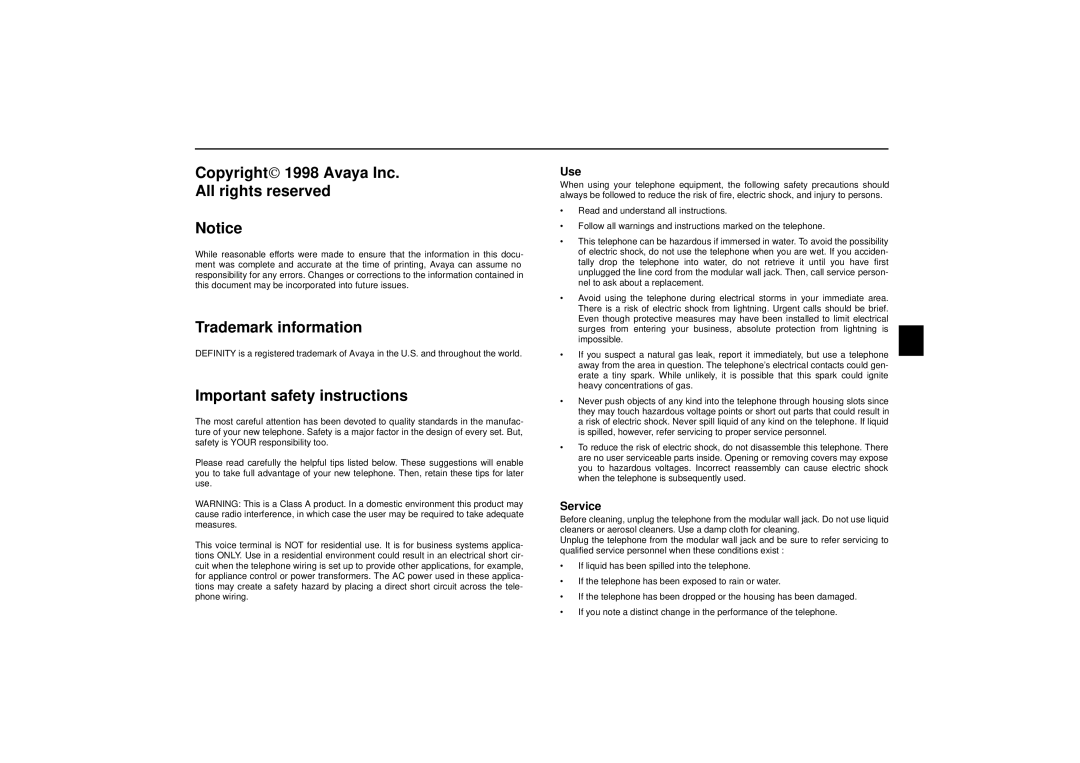 Avaya 6408, 6416, 6424 Copyright 1998 Avaya Inc All rights reserved, Trademark information, Important safety instructions 