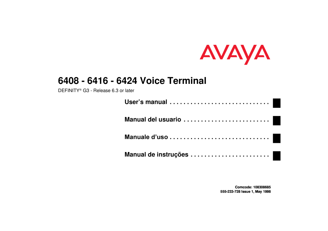 Avaya user manual 6408 - 6416 - 6424 Voice Terminal, User’s manual Manual del usuario, Manual de instruções 